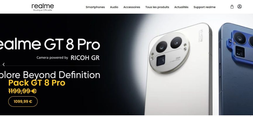 Bannière promotionnelle du Pack realme GT 8 Pro avec optique Ricoh GR au prix de 1099,99€ sur la boutique en ligne